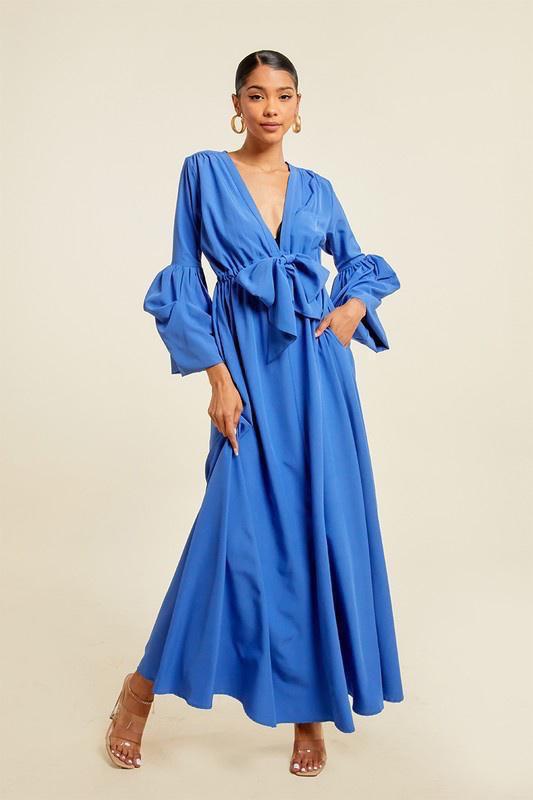 V NECK TIE UP MAXI DRESS