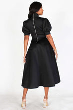 Load image into Gallery viewer, BUBBLE SLEEVE, NECK BOW, FIT AND FLAIR MIDI DRESS
