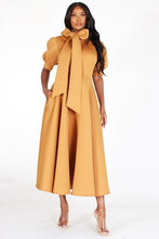 Load image into Gallery viewer, BUBBLE SLEEVE, NECK BOW, FIT AND FLAIR MIDI DRESS
