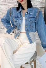 Load image into Gallery viewer, RHINESTONES CONTRAST DENIM JACKET

