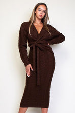 Load image into Gallery viewer, CABLE KNITTED V NECK WRAPPED MIDI DRESS
