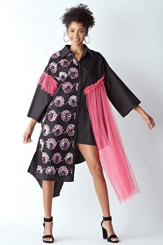 Shirt Dress with Mesh Details