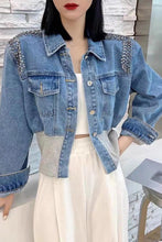 Load image into Gallery viewer, RHINESTONES CONTRAST DENIM JACKET

