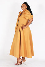 Load image into Gallery viewer, BUBBLE SLEEVE, NECK BOW, FIT AND FLAIR MIDI DRESS
