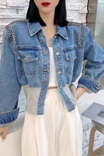 Load image into Gallery viewer, RHINESTONES CONTRAST DENIM JACKET
